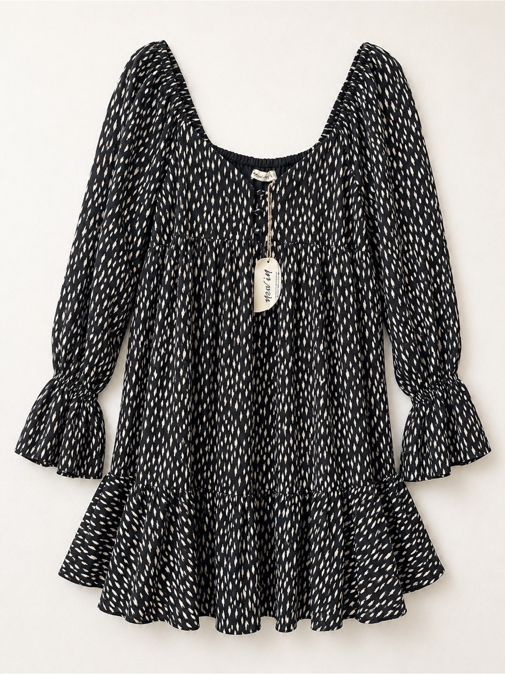 New In Black Cream Abstract Print Babydoll Mini Dress Bell Sleeve Size L NWT